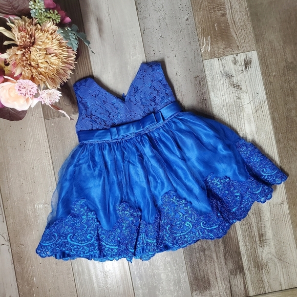 Beautiful Baby Girl Sapphire Blue V-Neck Lace Tulle Party Dress Size 12m - Picture 3 of 12